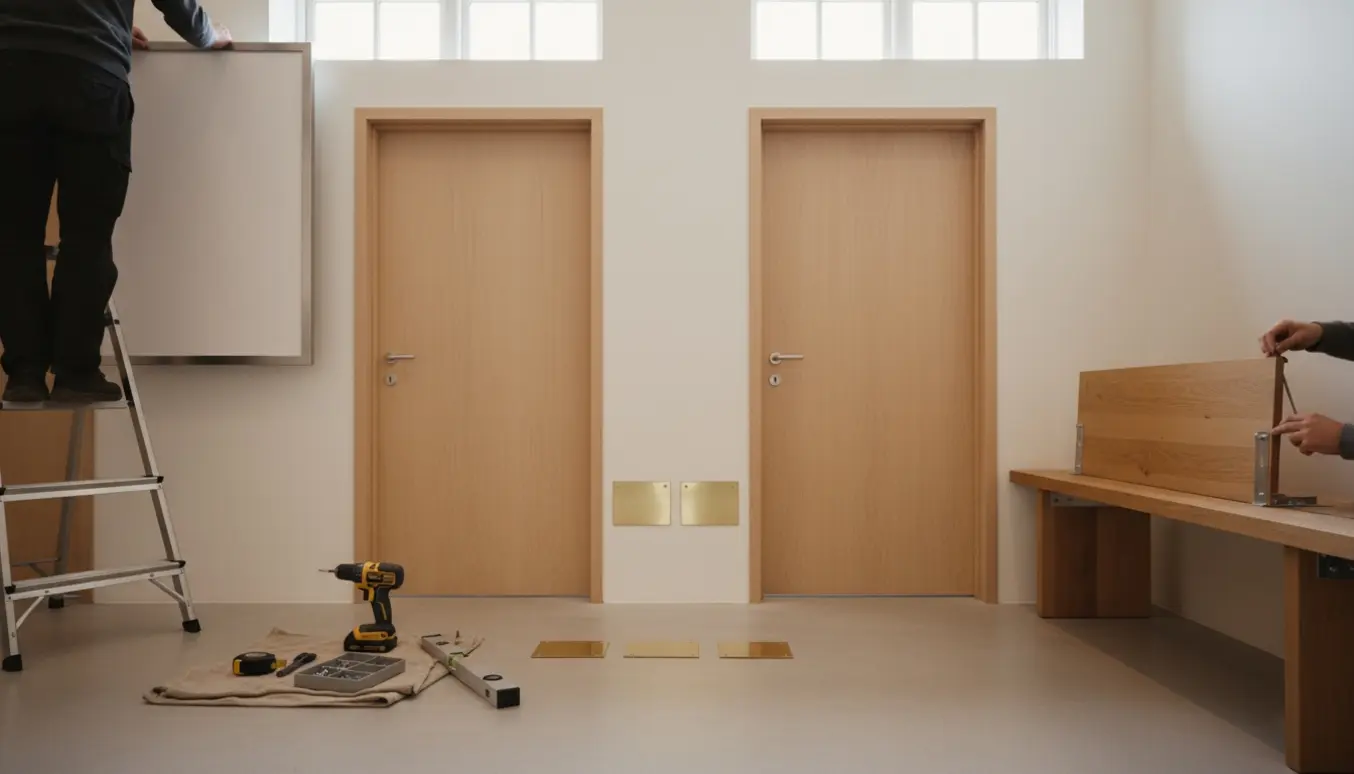 En håndværker monterer et stort lærredsprisskilt i en butik, med små messingskilte og en bænk, der bliver skruet fast.