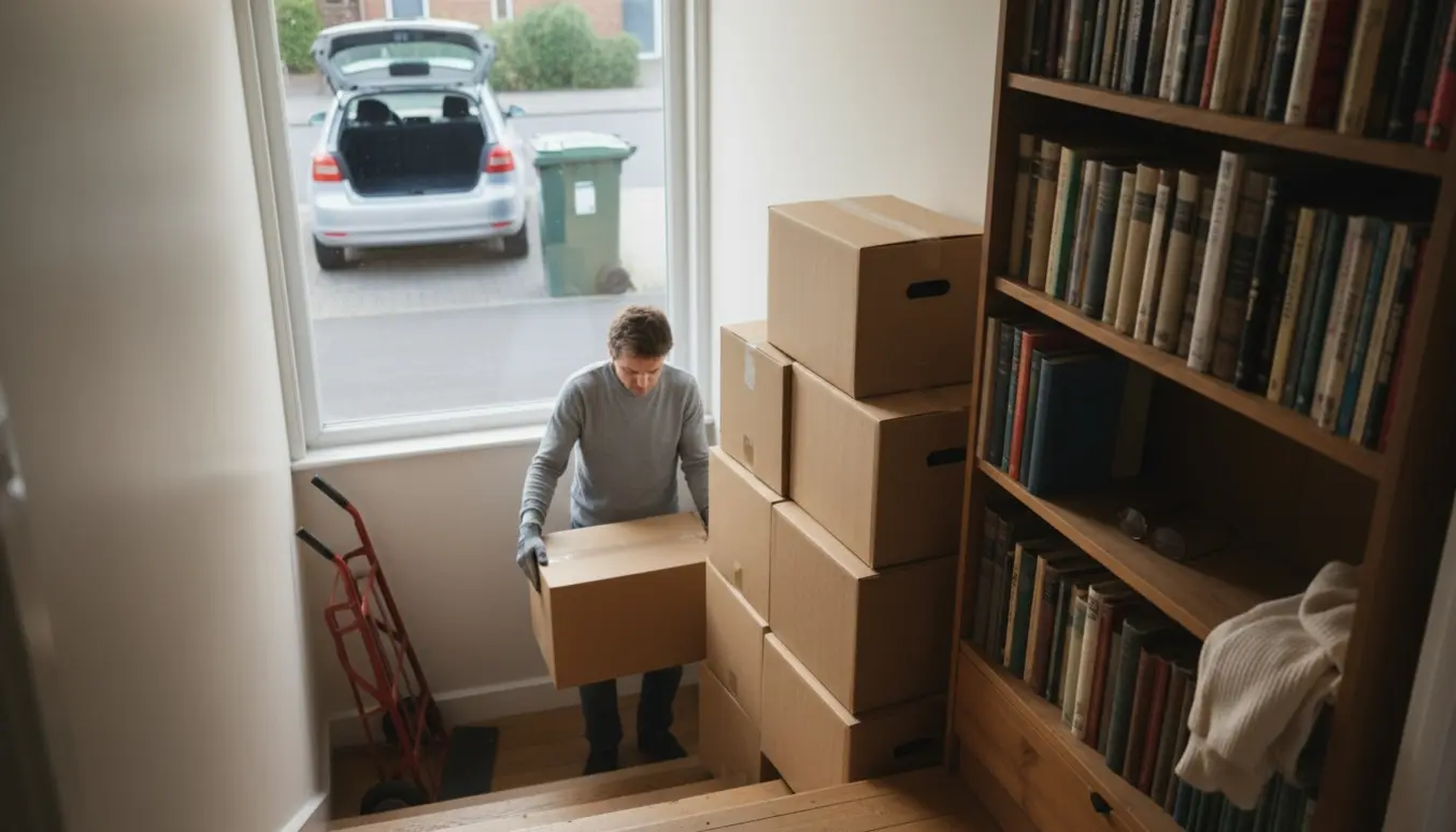 Papkasser med bøger på en trappe og en åben bil, klar til at blive kørt væk.