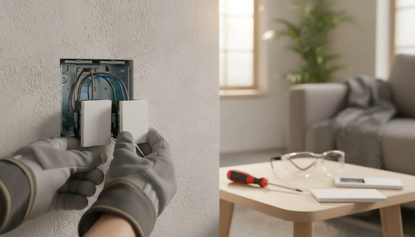 Nærbillede af to hvide touch-lysdæmpere, der installeres i en dobbeltkontakt i en varm og naturligt oplyst stue.