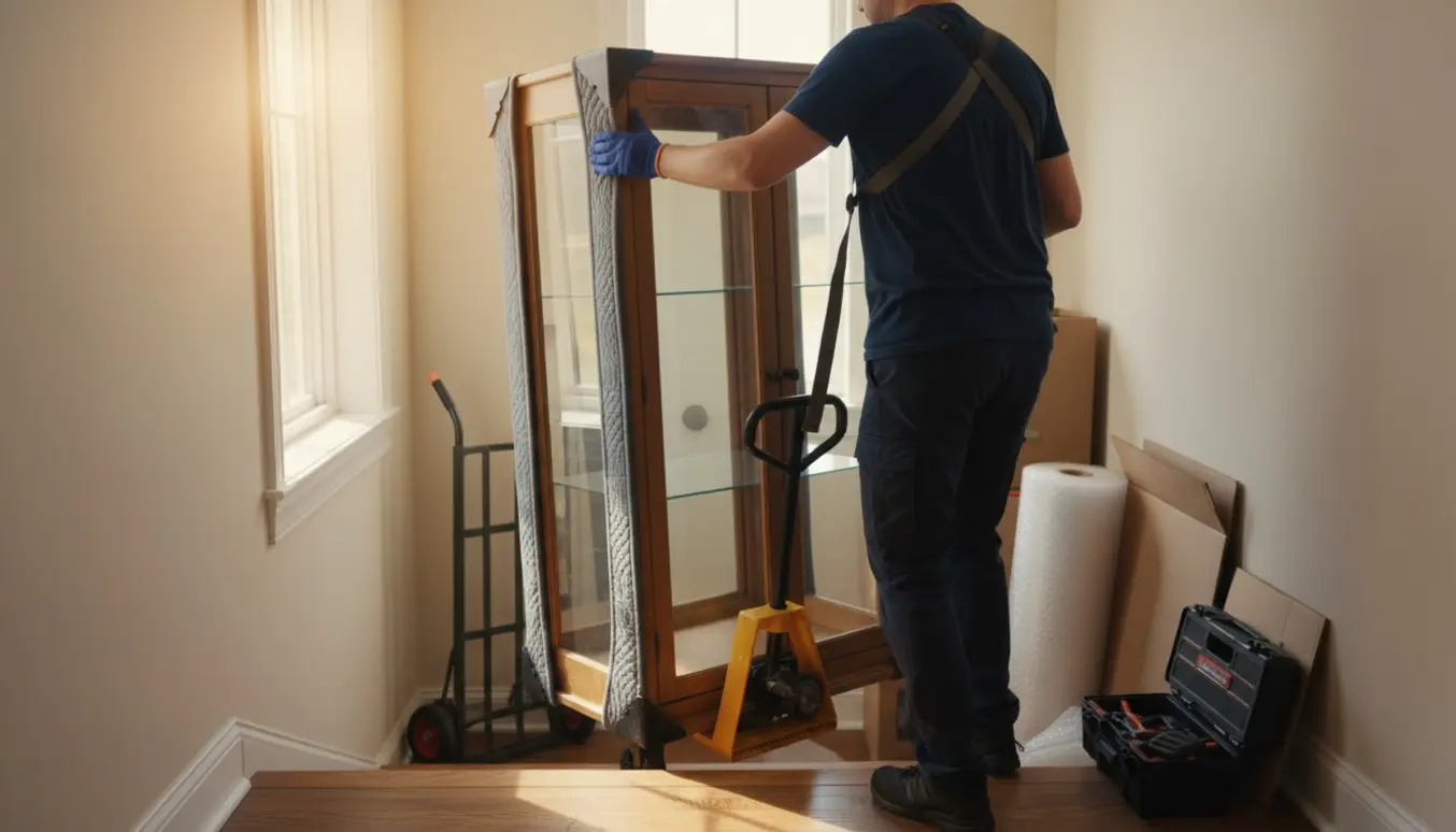 To flyttemænd fører et samlet vitrineskab op ad en trappe til første sal, beskyttet af flyttetæpper og udstyr.