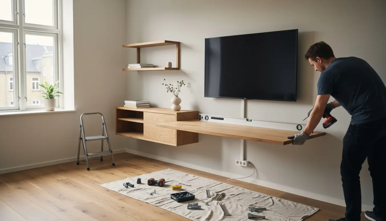 Vægmontering af tv, flydende hylder og snedker-skrivebord i lys Nørrebro-lejlighed.