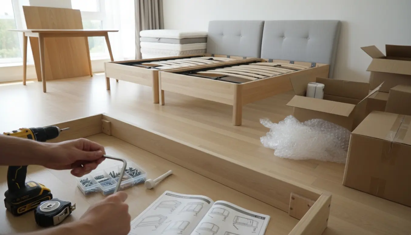 To kontinentalsenge og et Skånsnäs spisebord under samling i et lyst rum med værktøj og manualer.