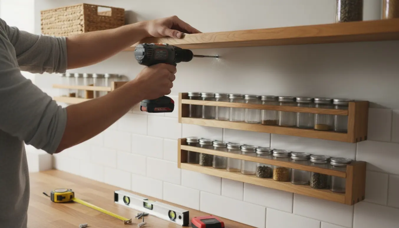 Hænder monterer tre krydderihylder og en lille opbevaringshylde i et lyst køkken med boremaskine og værktøj.