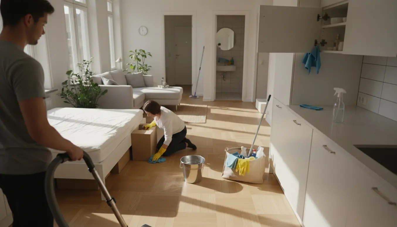 Rengøringsperson møblerer og rengør parketgulv og køkkenlåger i en lys lejlighed, mens kasser trækkes ud fra under sengen.