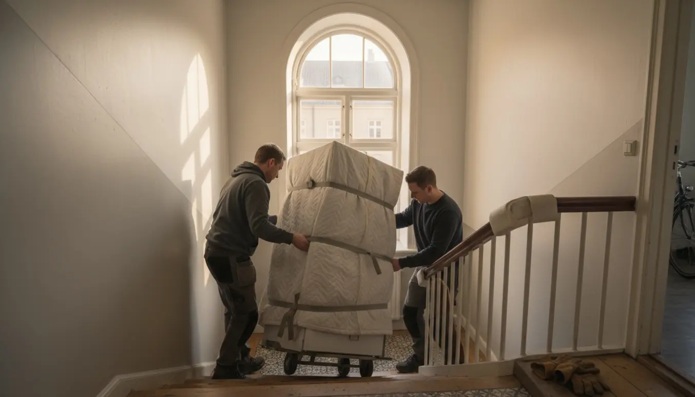 To personer bærer et køleskab ned ad en smal lejlighedstrappe i København, pakket ind i flyttetæpper på en dolly.