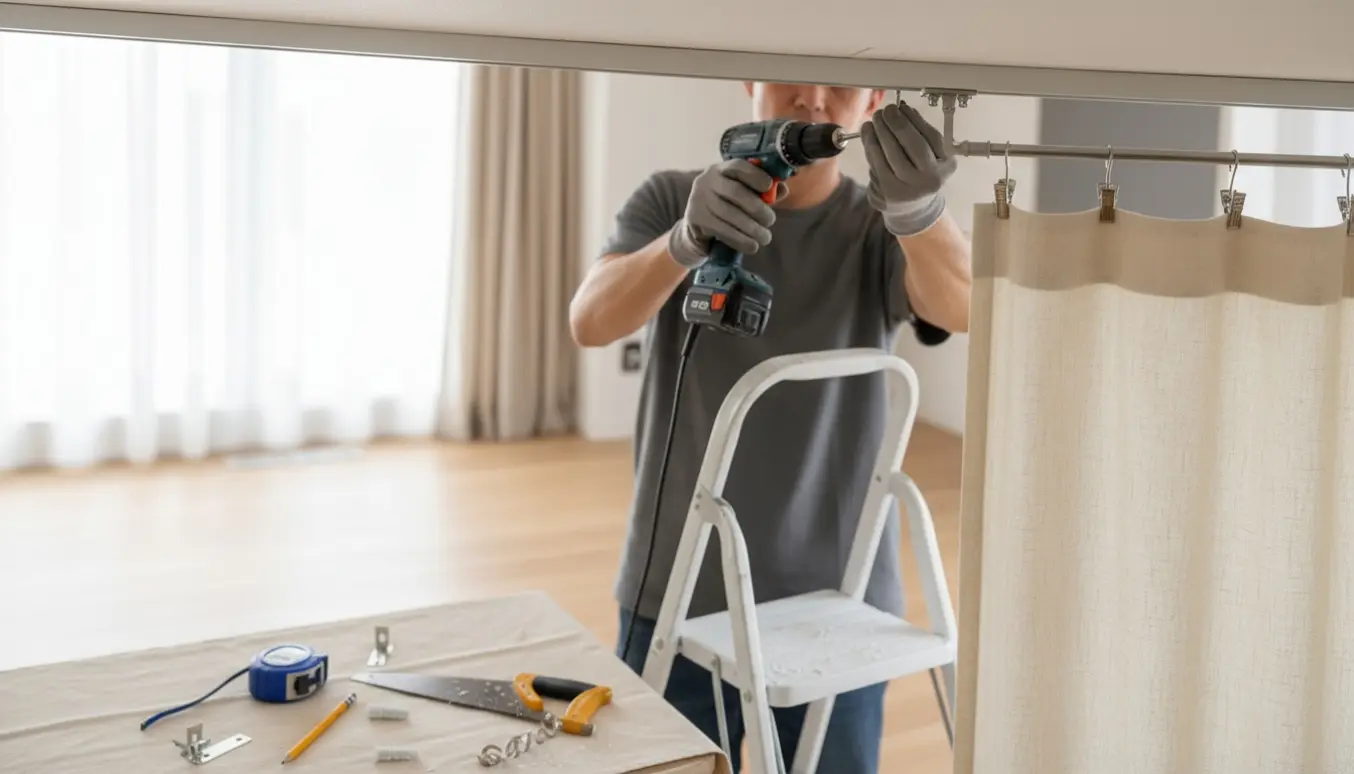 Nærbillede af montering af gardinskinne i loftet med værktøj og målestok.