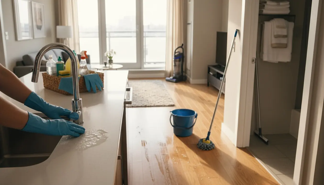 Solbeskinnet lejlighed med rengøringsudstyr og en person i handsker, der pudser vasken.