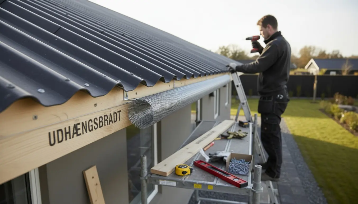 Håndværker monterer galvaniseret insektnet mellem tagplader og udhæng, mens et nyt udhængsbrædt tilpasses.
