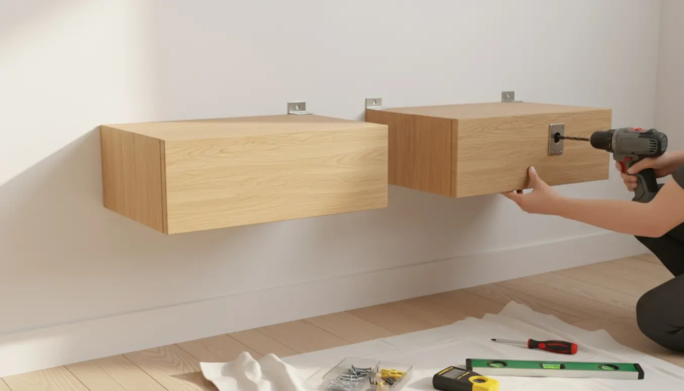 To moderne væghængte sengeborde monteres i et lyst soveværelse med værktøj og hænder i arbejde.