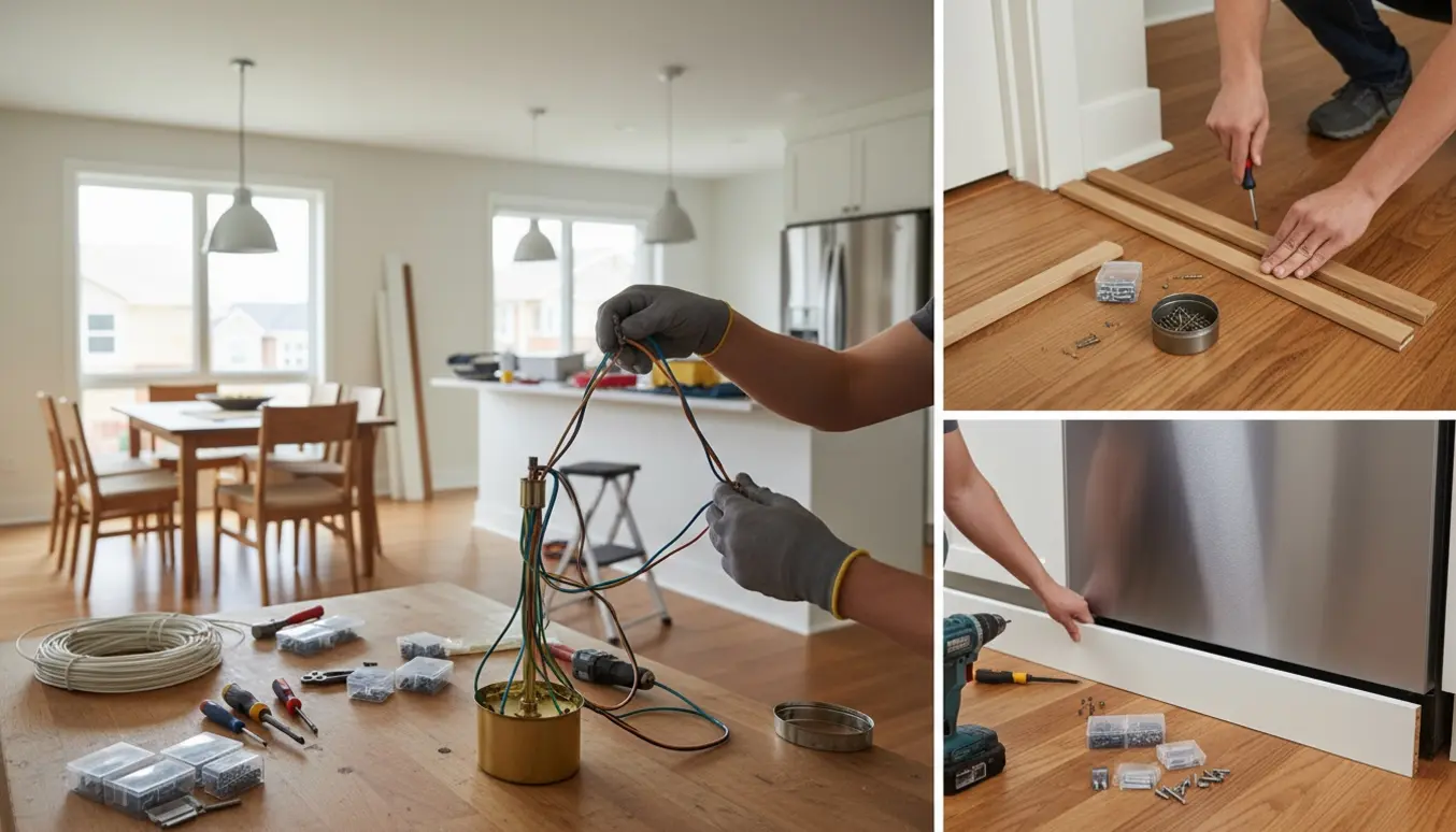 Hænder monterer lamper, sætter dørtrinslister på plads og monterer en kantplade under opvaskeren i et lyst køkken.