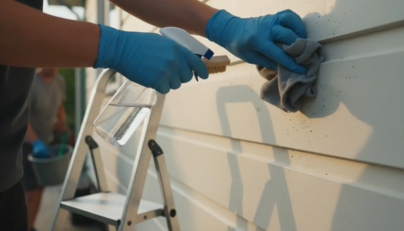 Hænder med handsker fjerner edderkoppeekscrementer fra malet træbeklædning med blød børste og sprayflaske ved en stige.