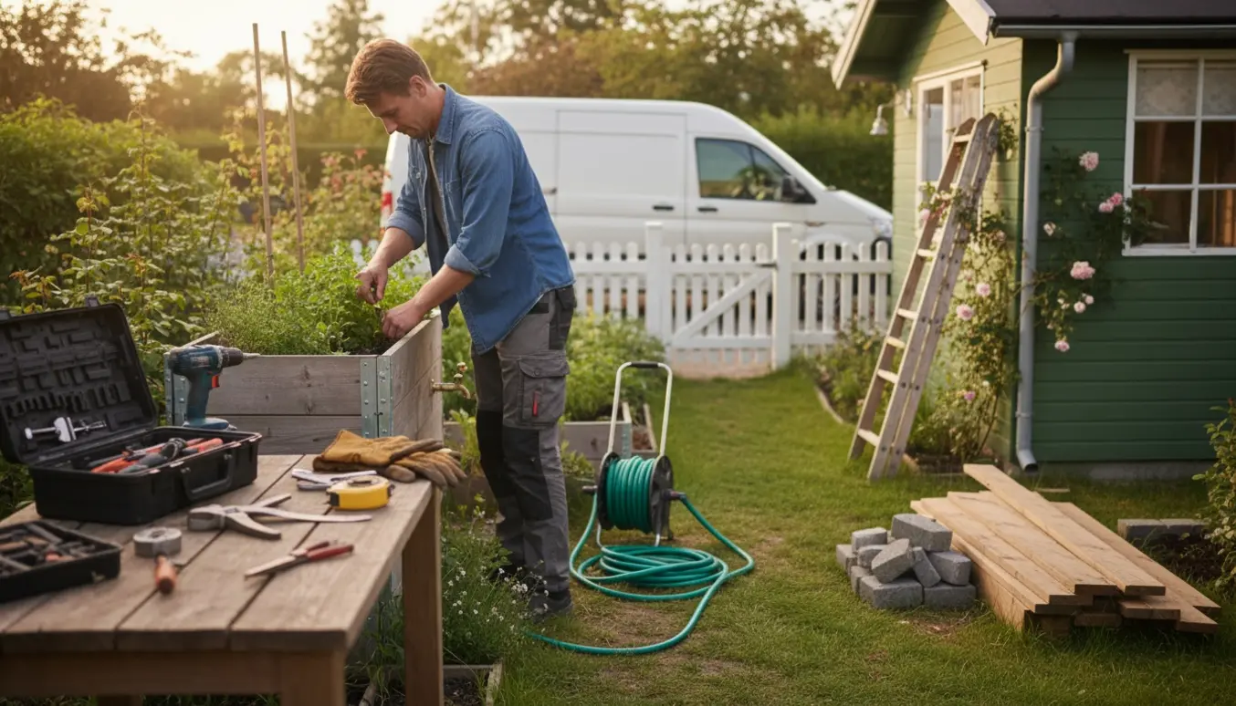 Hænder ved en udendørshane i en kolonihave omgivet af værktøj og byggematerialer.