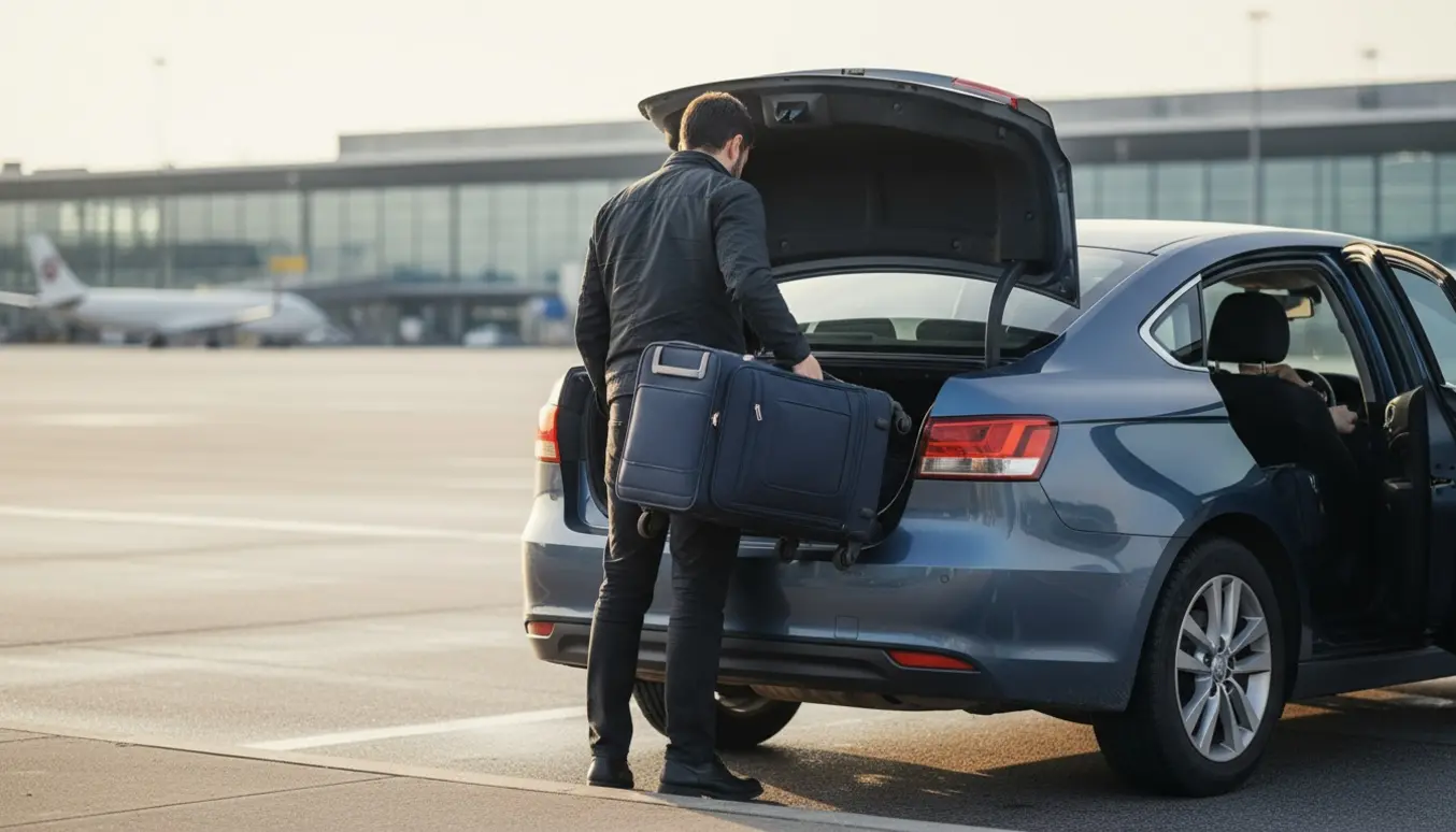 En rejsende læsser en kuffert i bilens bagagerum ved lufthavnskurven i blødt morgenskær.