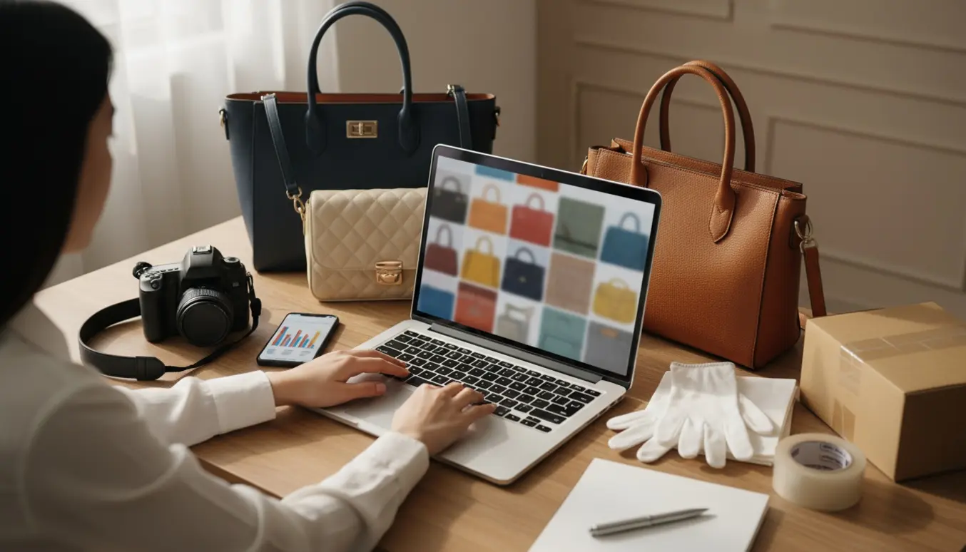 Arbejdshænder ved en bærbar omringet af brugte designertasker, kamera og pakkematerialer i et lyst, minimalistisk arbejdsrum.