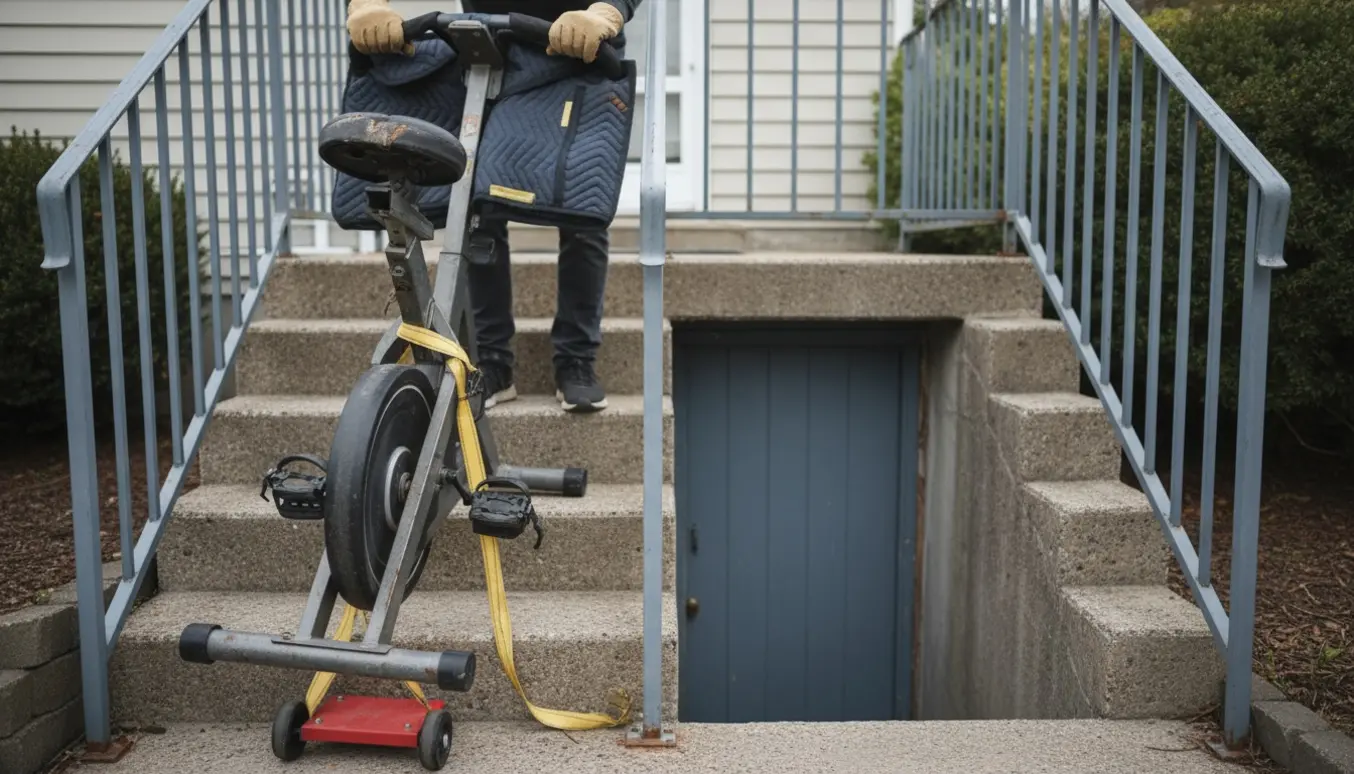 To personer fører en motionscykel ned ad udendørs trapper mod en kælderdør, kun hænder og skuldre synlige.
