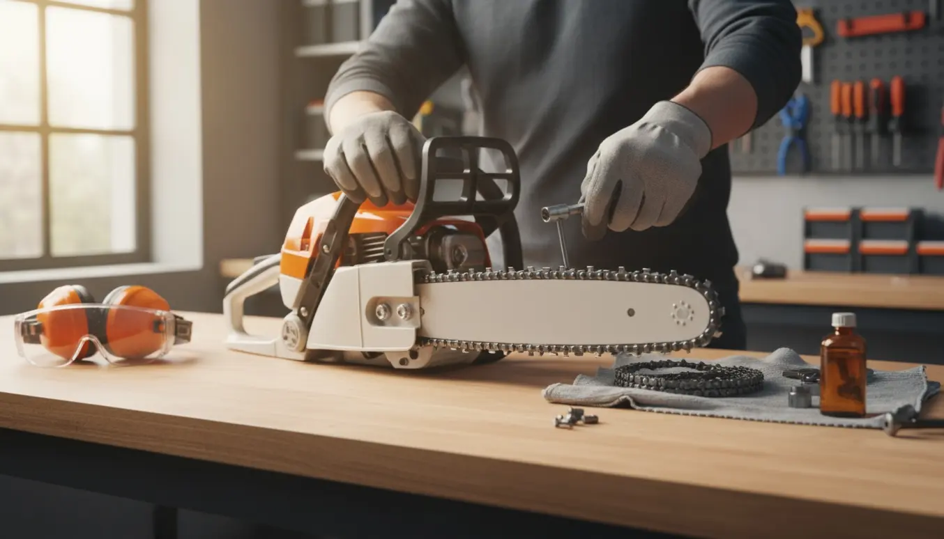 Nærbillede af hænder i handsker, der monterer en ny savklinge på en orange-hvid motorsav på et lyst værksted.