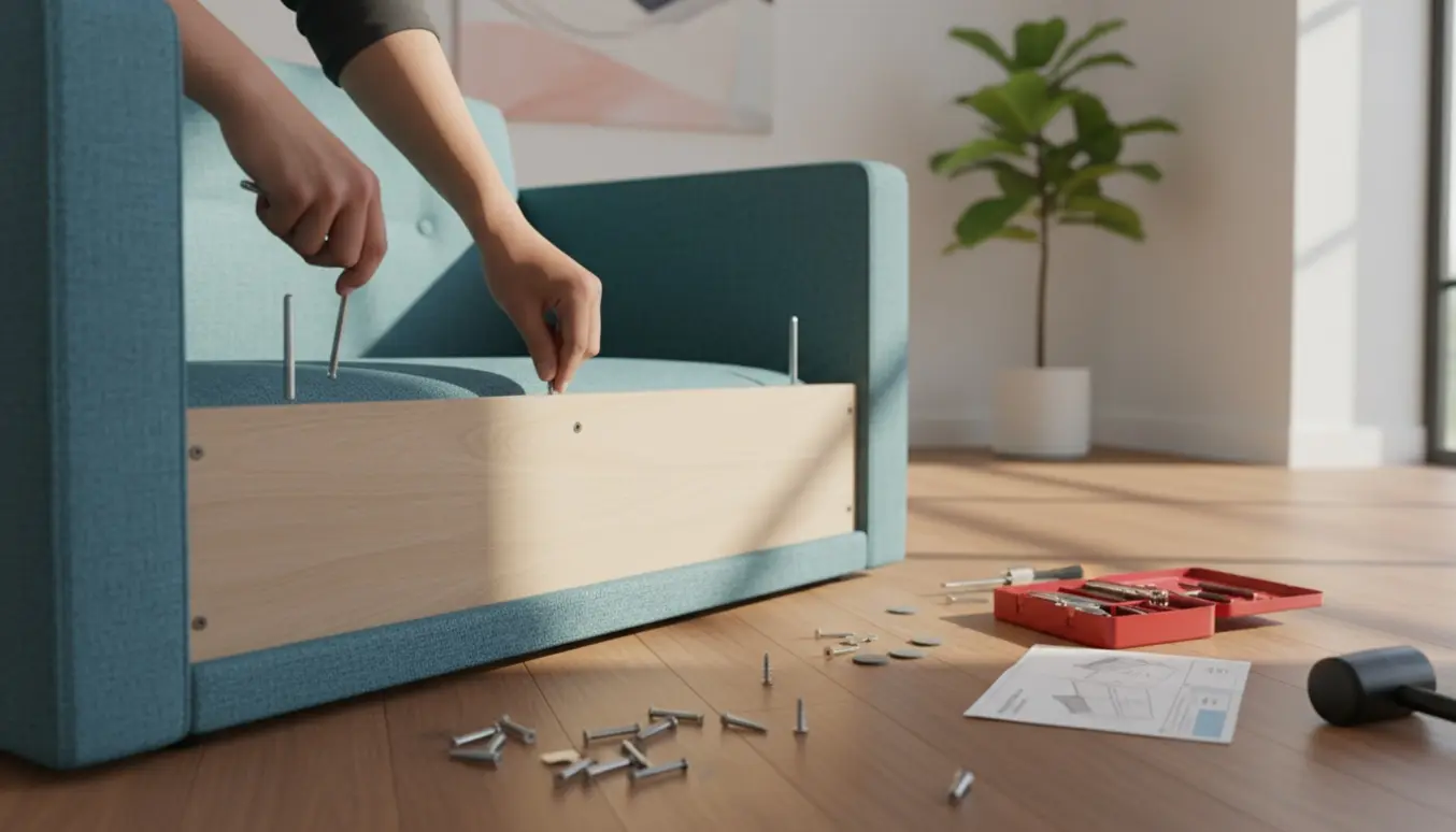 Hænder samler en lille sofa på siden, mens bundpladen justeres og skruer ligger klar.