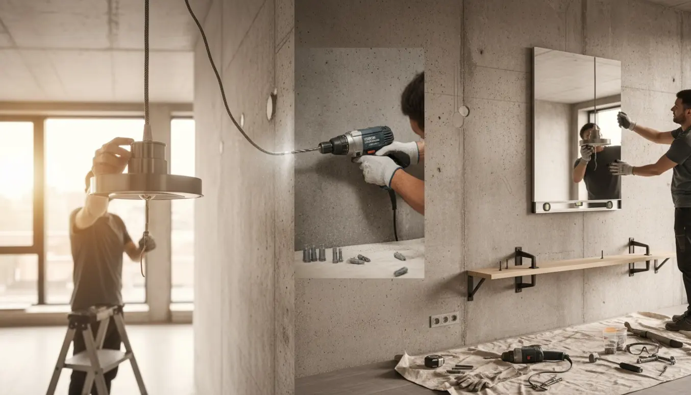 Installation af loftslamper, spejl og hylde på betonvæg med værktøj og hænder i fokus.