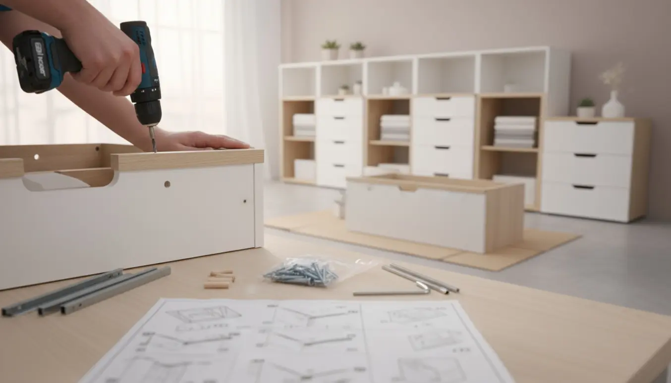 Hænder samler en kommode med værktøj på et lyst bord, syv færdige kommoder ses i baggrunden.