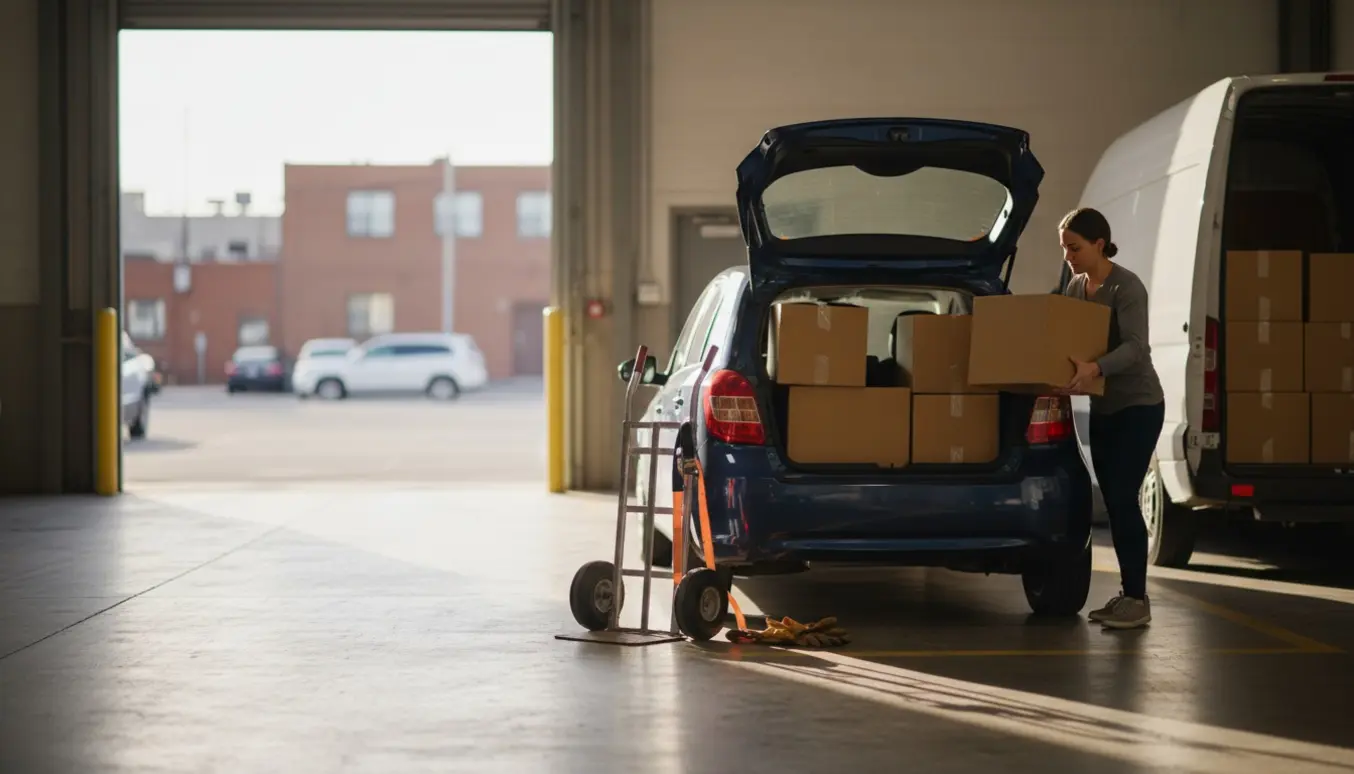 Åben bagagerum ved et lager, hvor en person læsser flyttekasser ind i en bil.