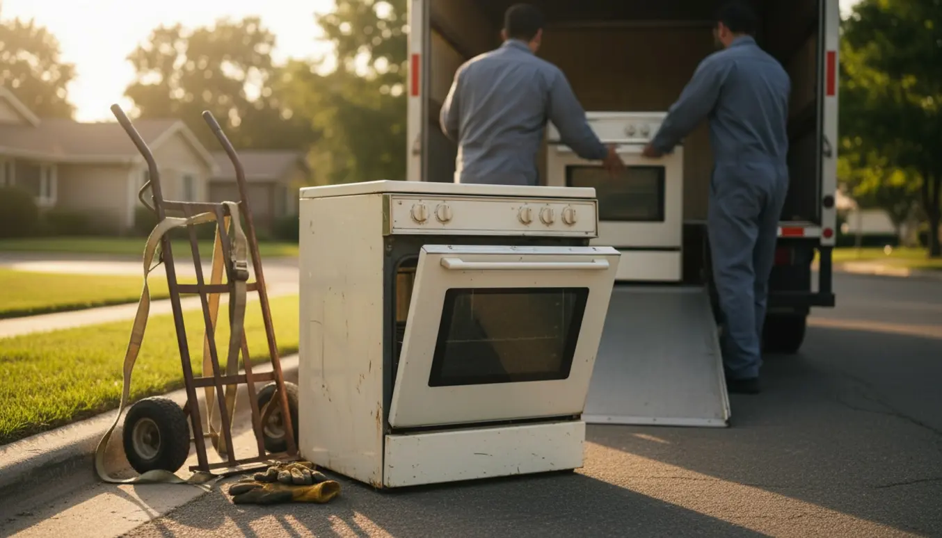 En ovn på fortovet klar til afhentning til storskrald med håndtruck og arbejdshandsker.
