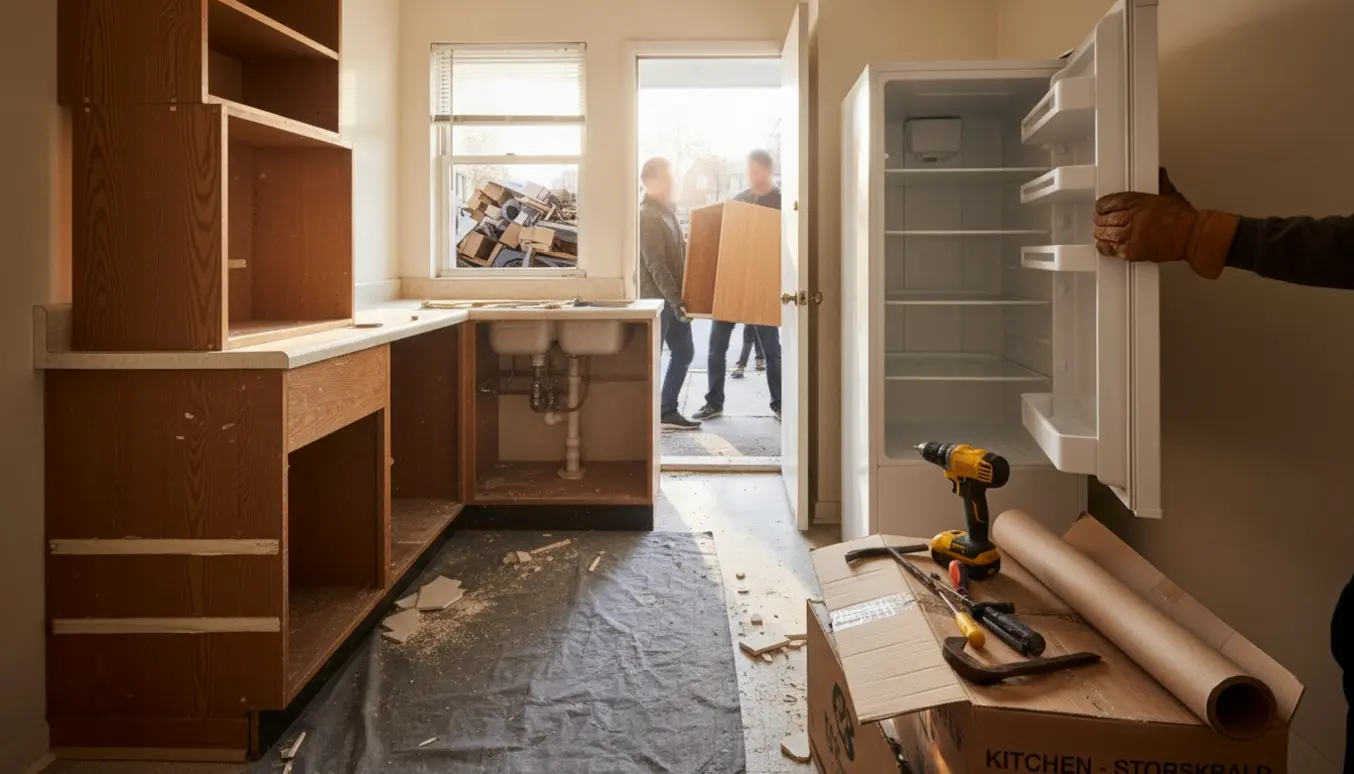 Et lille køkken under nedrivning med afmonterede skabe, et tomt køleskab og ting, der bæres ud til storskrald.