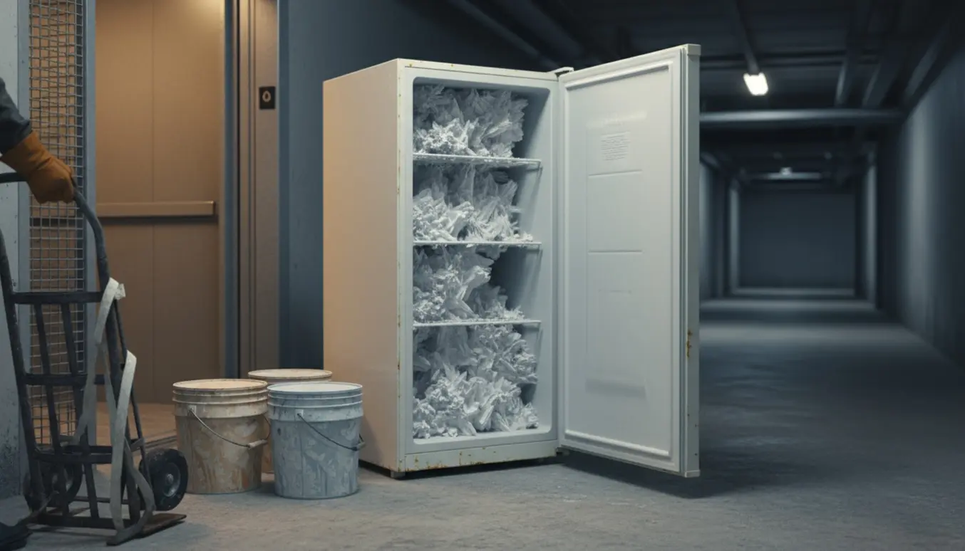 Et frostfyldt, gammelt fryseskab og flere malingsbøtter klargjort til bortskaffelse i en kælder ved elevatoren.