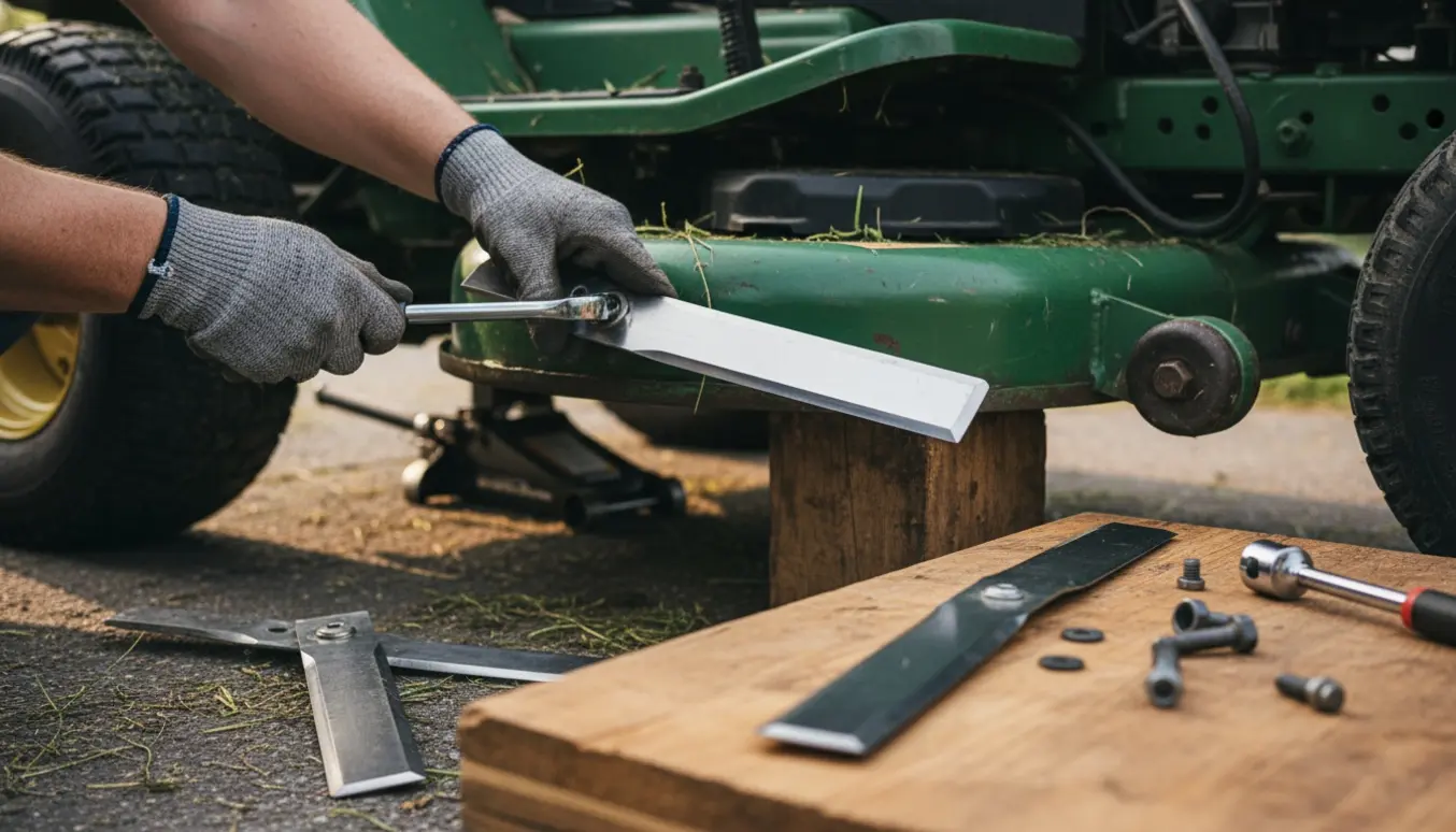 Nærbillede af hænder, der udskifter gamle knive med nye under en havetraktor i en garage.