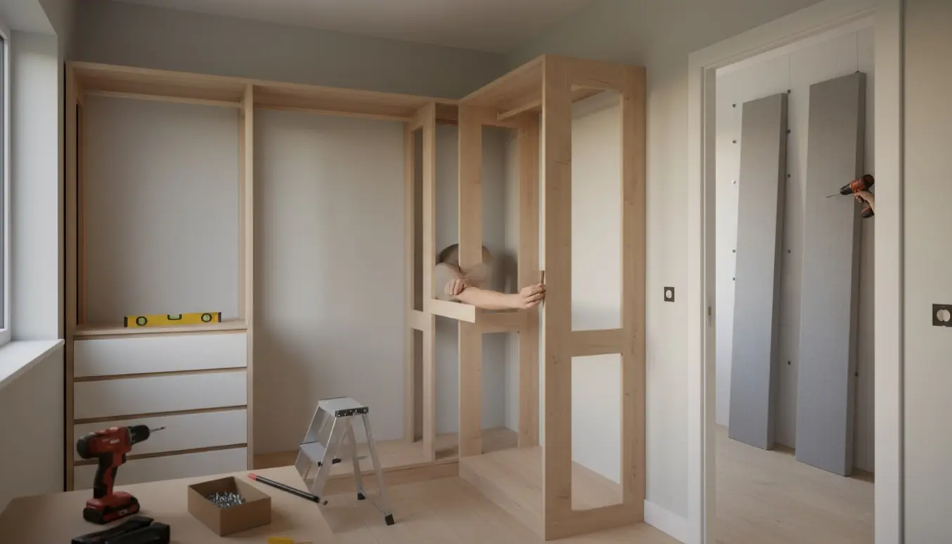 Delvist monteret PAX-garderobe i et rum med akustikpaneler klar til montage, håndværktøj og materialer.