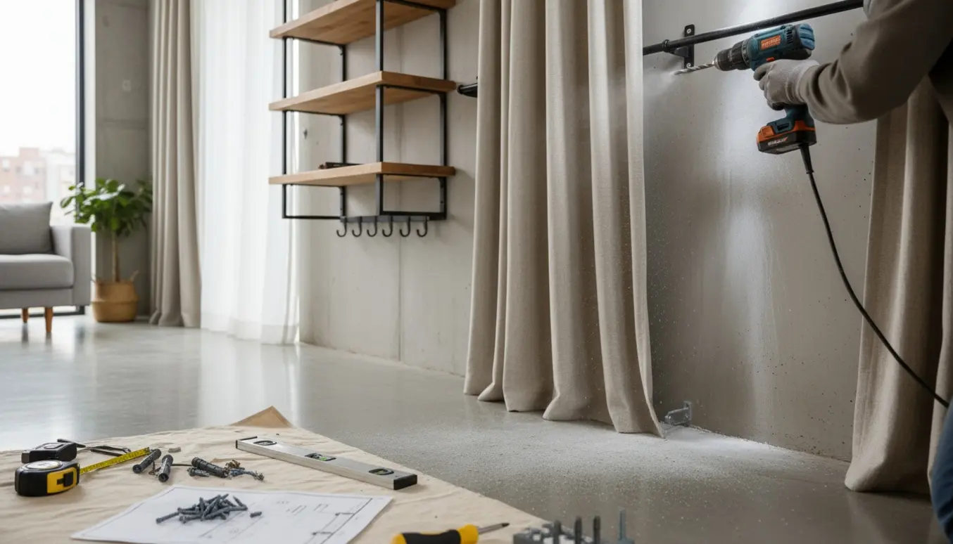 Hænder monterer hylder, knagerække og gardinstang på en betonvæg med borehammer og værktøj.