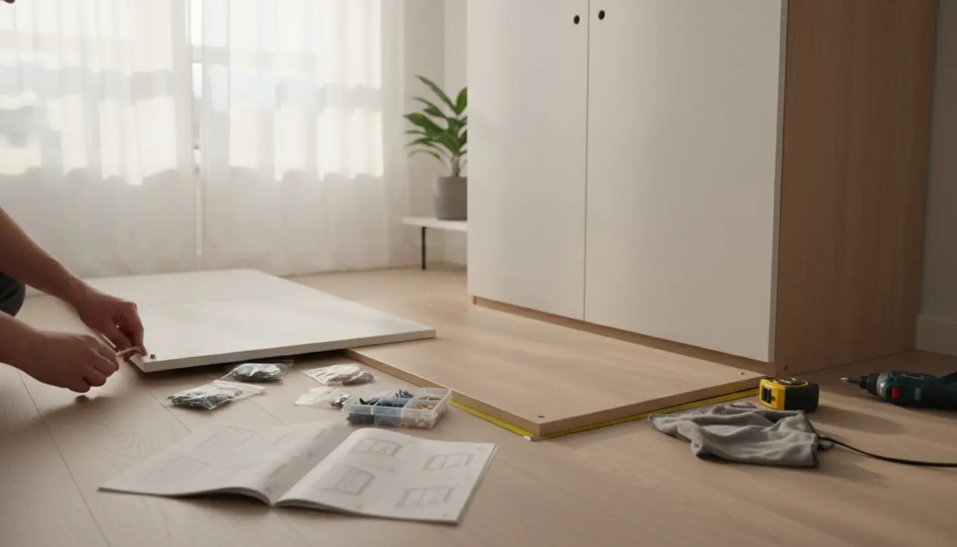 Hænder samler et nyt skab i en lys Østerbro-lejlighed med værktøj og monteringsvejledning.