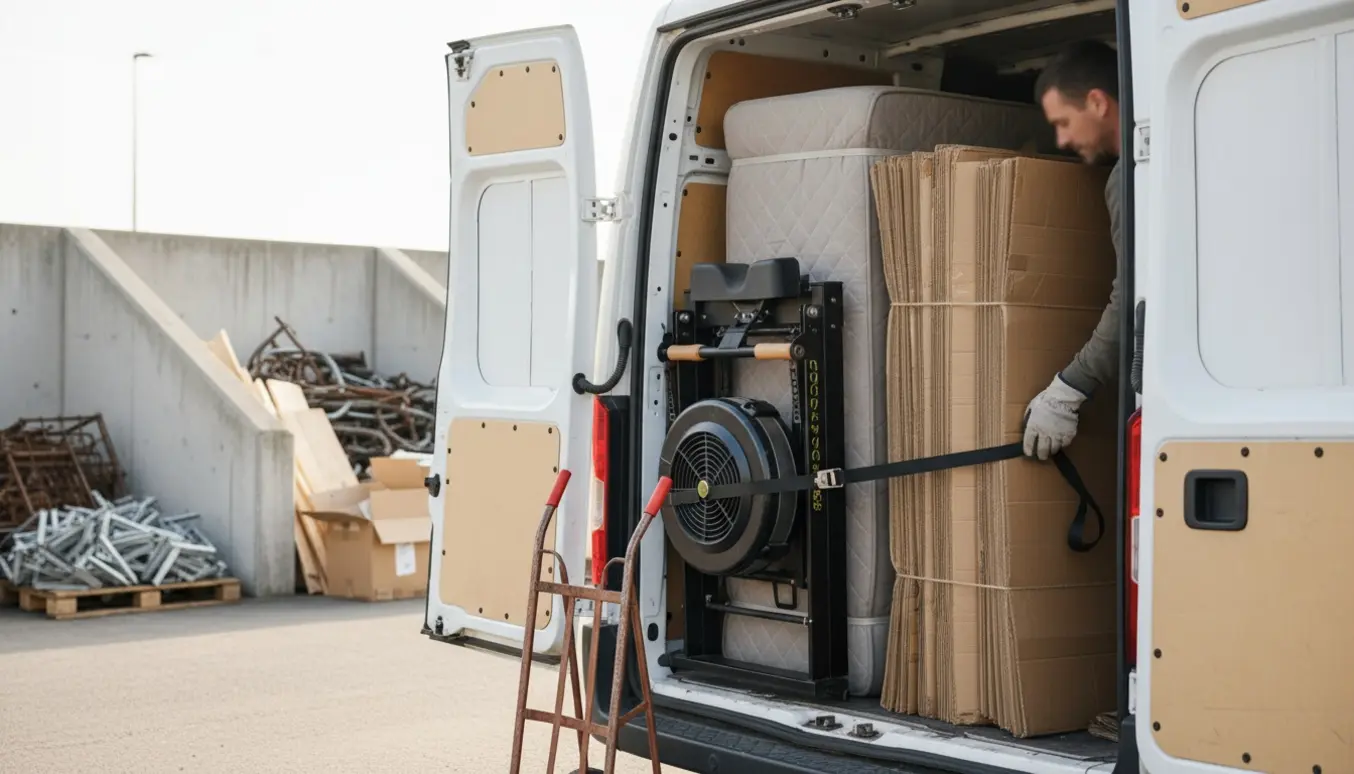 Åben varevogn ved genbrugsplads med romaskine, 90x200-madras og sammenklappet småpap klar til aflevering.