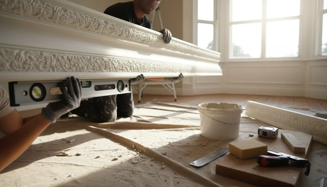 Montering af en stukliste mod loftet i en stue med værktøj og brudstykker af stuk på gulvet.