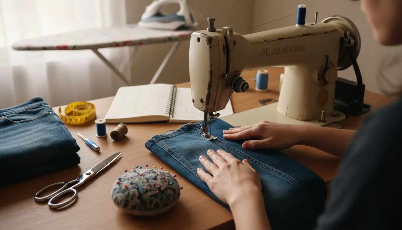 Hænder fører denimbukse under en gammel symaskine i et lyst, hjemligt syhjørne.