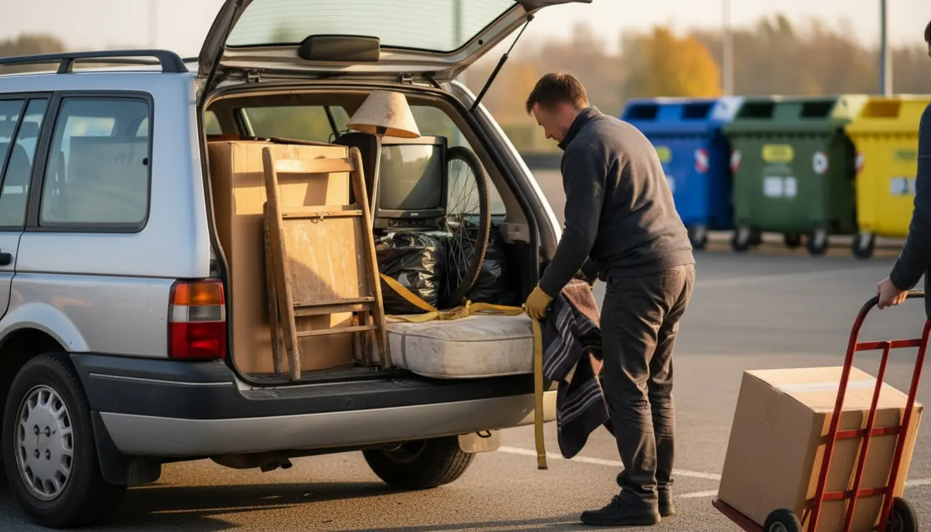 Åben varevogn ved en genbrugsplads med møbler, kasser og en person set bagfra klar til aflevering.