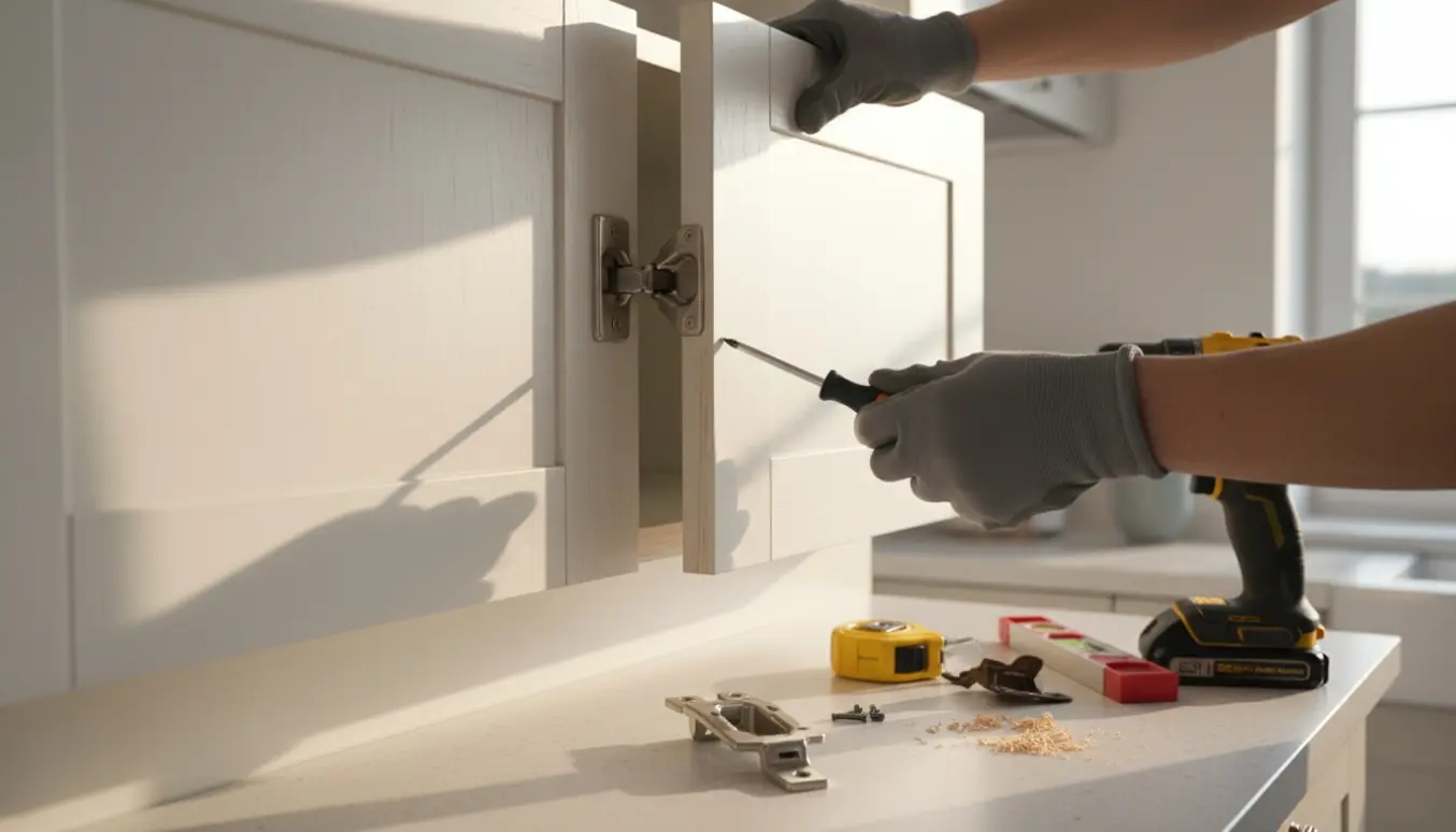 Hængende køkkenlåge bliver justeret med skruetrækker og et nyt hængsel på køkkenbordet.