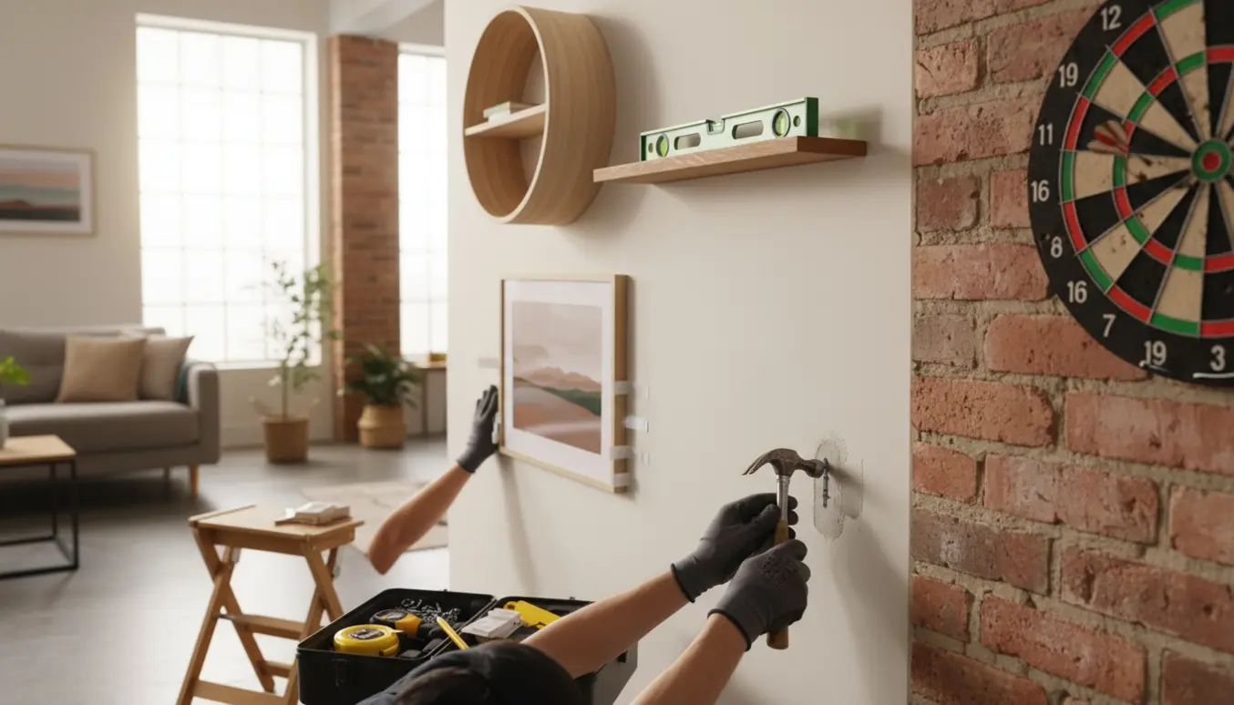 Nærbillede af hænder, værktøj og hylder mens genstande som billede, hylder og dartskive monteres på forskellige vægtyper.