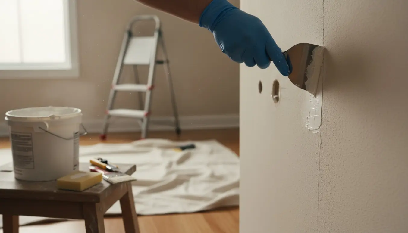 Nærbillede af hænder, der spartler og sliber revner og skruehuller i en indvendig væg med værktøj og afdækning i baggrunden.