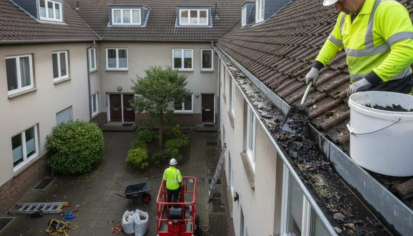 Tagrender på en fireetagers ejendom rengøres med lift i gården, hands-on værktøj og synlig før-og-efter-rengøring.