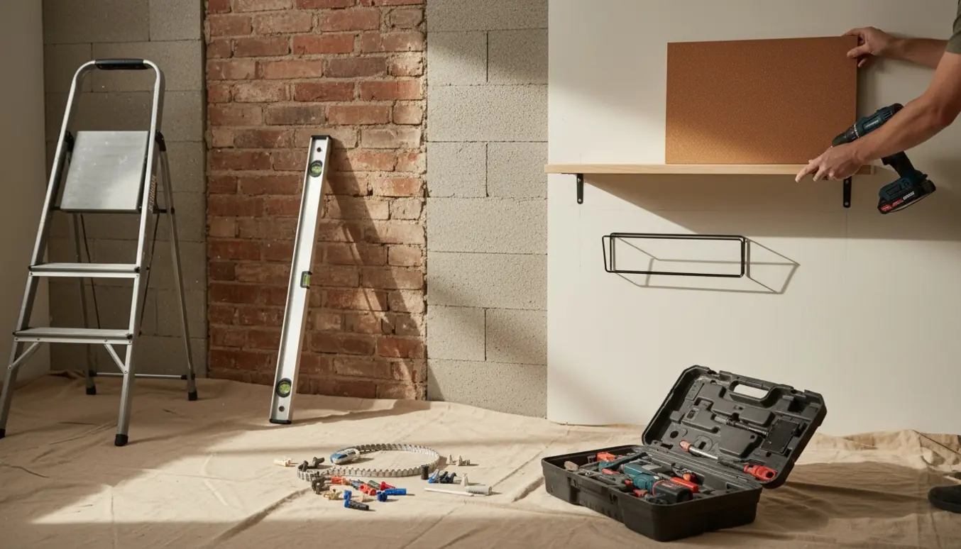 Hænder monterer hylder, opslagstavle og avisholder på en væg med boremaskine og værktøj klar.