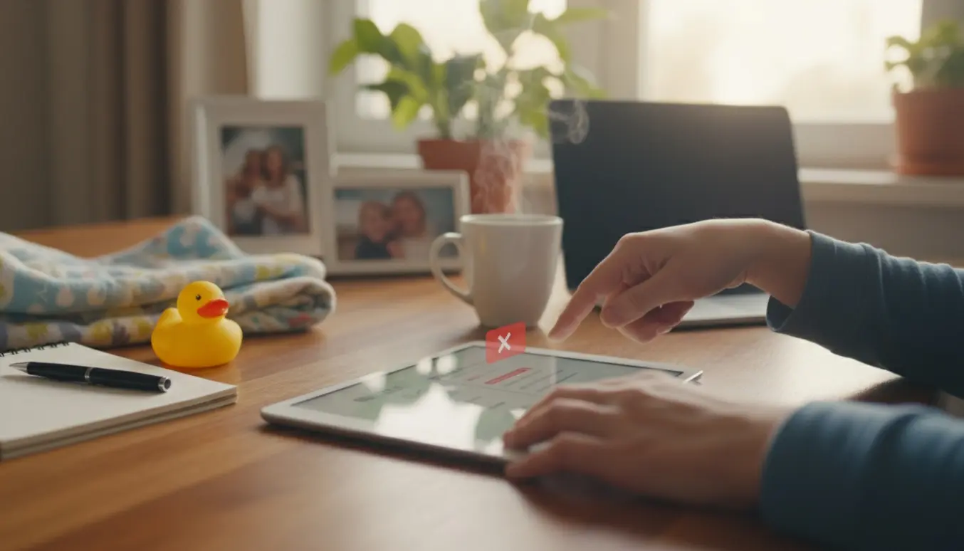 Hånd sletter en opgave på en tablet ved et køkkenbord med sløret familiebaggrund.