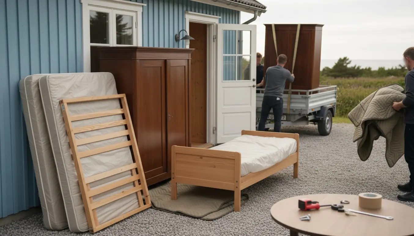 Møbler læsses ud af et sommerhus på trailer på en solrig eftermiddagsdag.