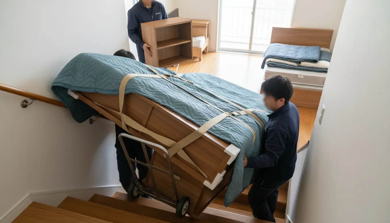 Flyttefolk bærer møbler ned ad en stejl, smal trappe i et privat hjem.