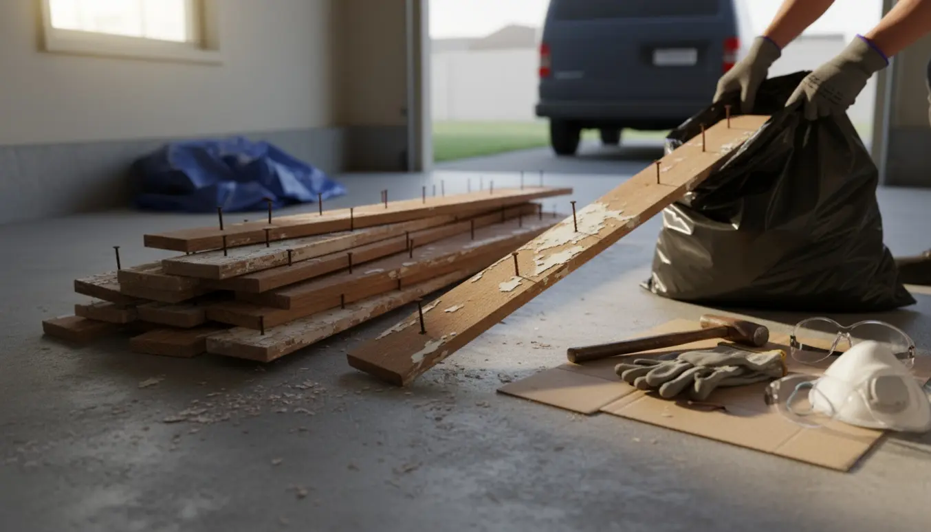 Stak af gamle fodpaneler med synlige søm og værktøj ved en åben sort affaldssæk klar til bortskaffelse.