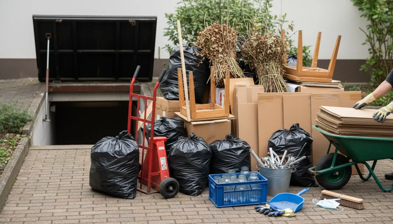 Opsorteret skrald og rengøringsværktøj i en gård klar til afhentning fra en ryddet kælder.