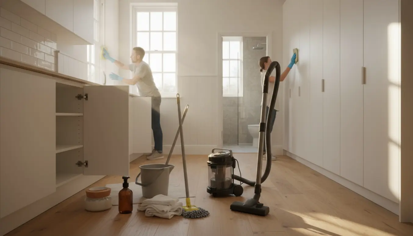 Rækkehusinteriør rengøres efter renovering med støvsuger, moppe og handsker, kun hænder synlige.