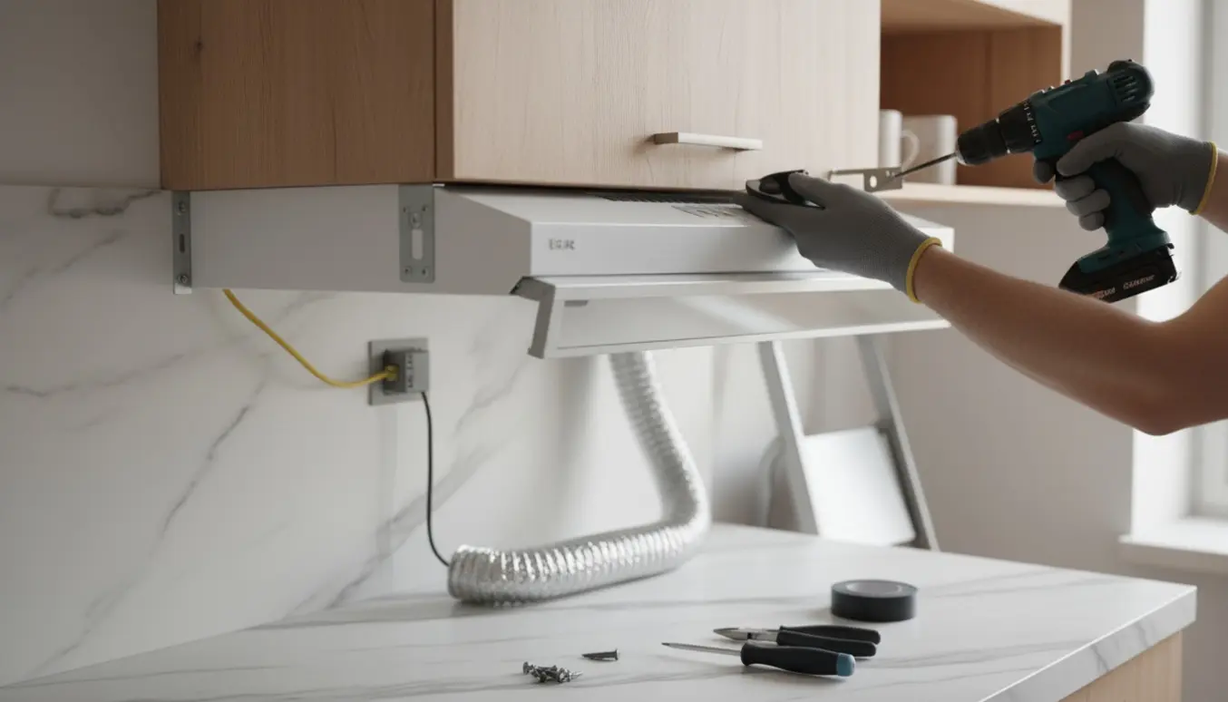 Montering af en hvid emhætte i et moderne køkken med værktøj og hænder, ansigter skjult.