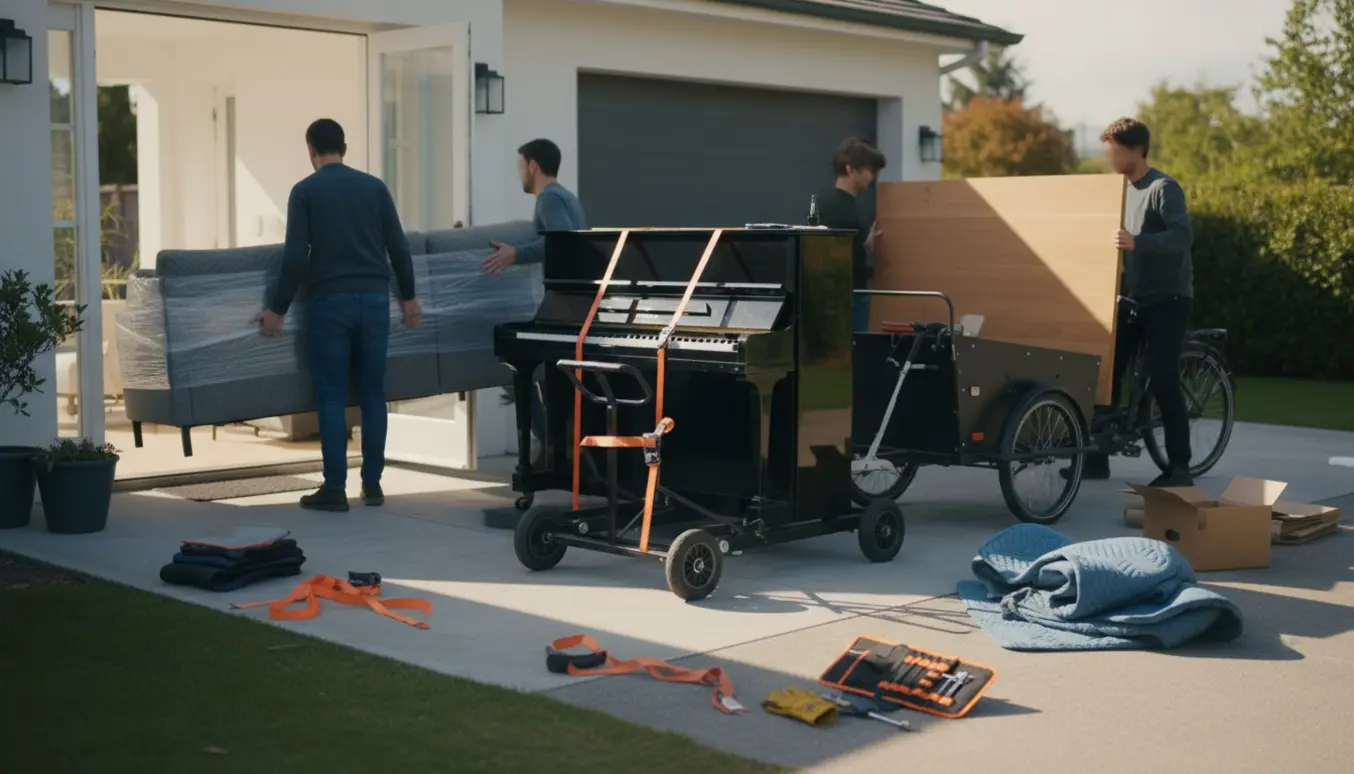 Hjørnesofa i tre sektioner bæres ud af en lys stue, klaver på dolly og bordplade lastes på en cykeltrailer.