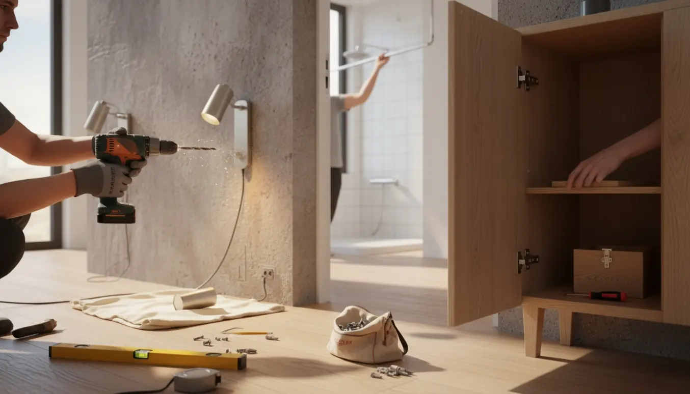 Hænder monterer en væglampe på en betonvæg med værktøj; bruseforhængsstang og åbent skab med låg i baggrunden.