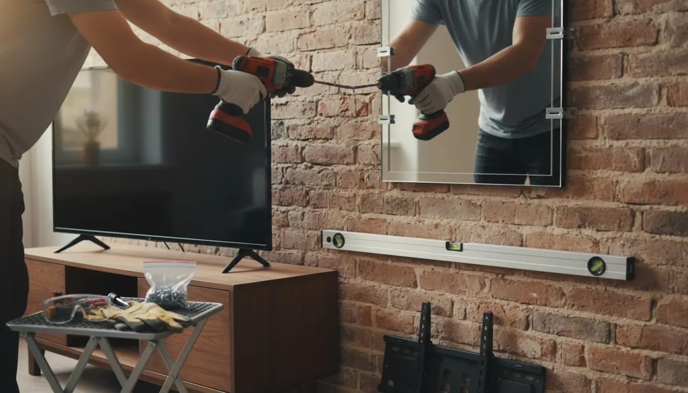 Tv og stort spejl forberedes til ophæng på en murstensvæg med boremaskine, rawlplugs og skruer.